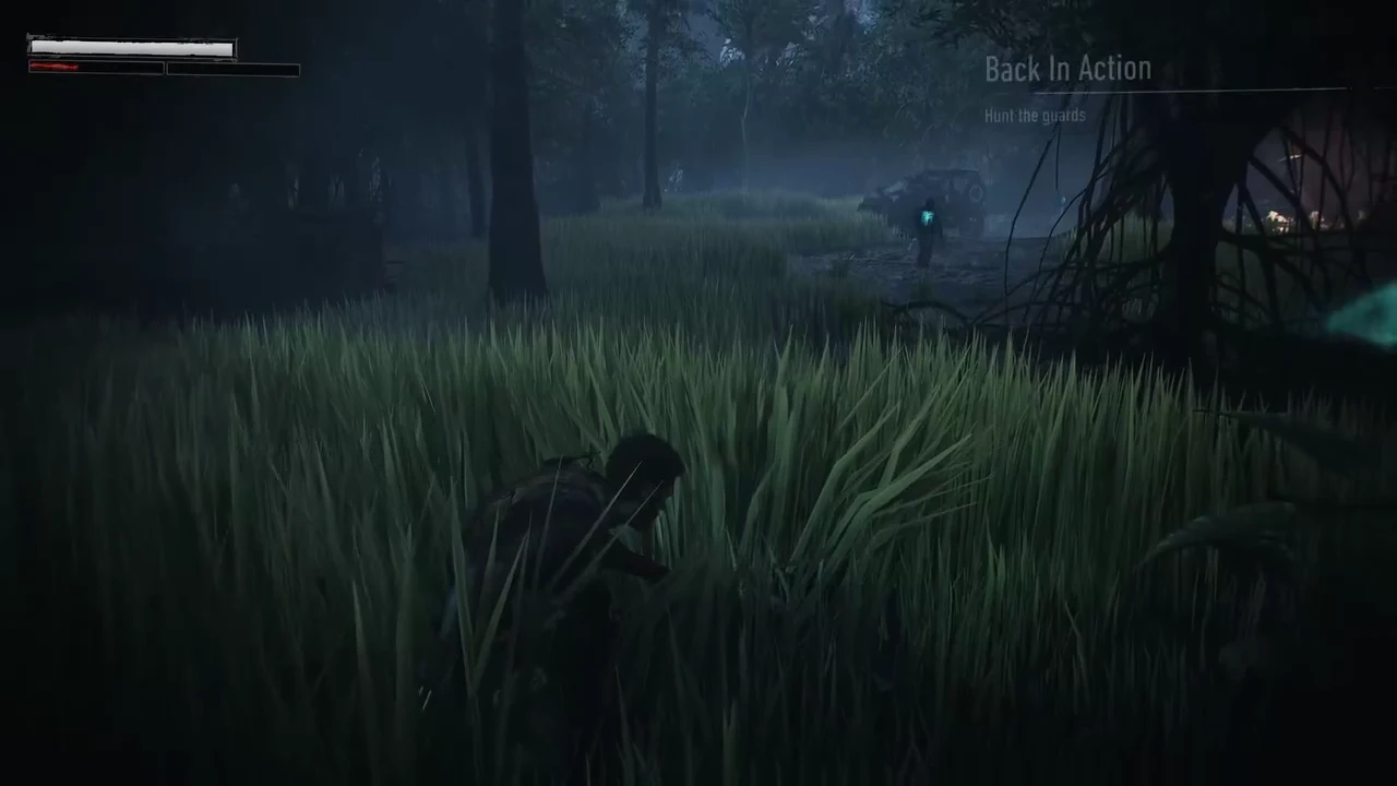 The Back In Action objective active while Logan crouches in tall grass hunting guards