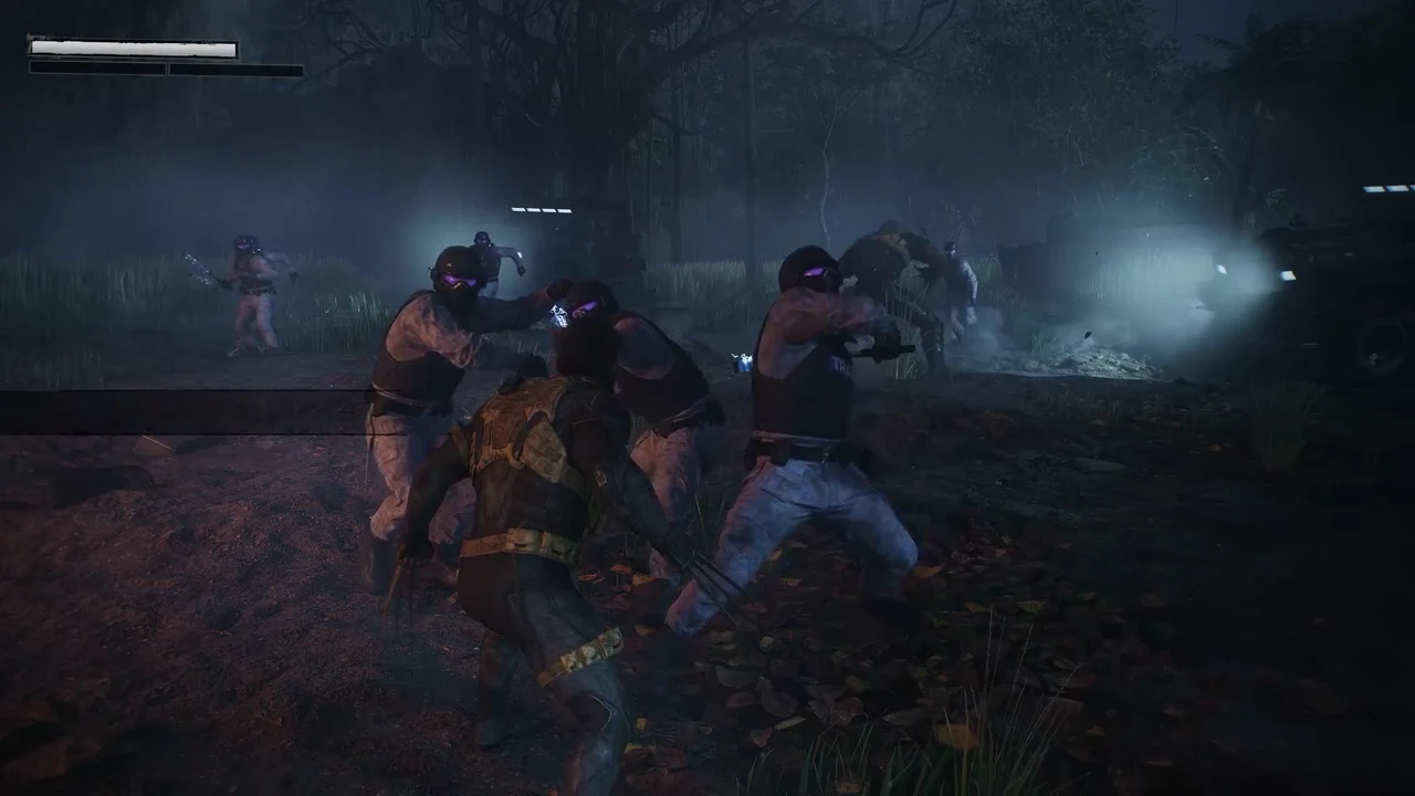 Logan fighting masked Reavers in a dark forest clearing with the health bar visible