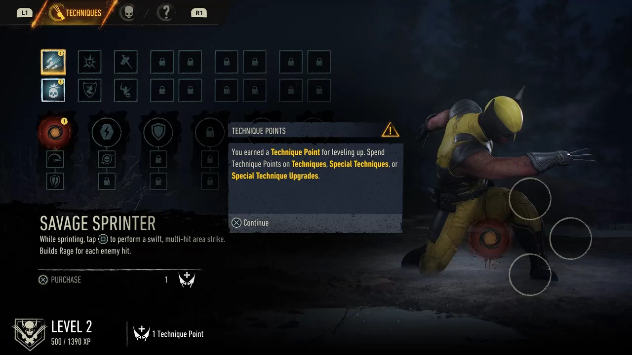The Techniques menu with Savage Sprinter selected and the Technique Points tutorial open