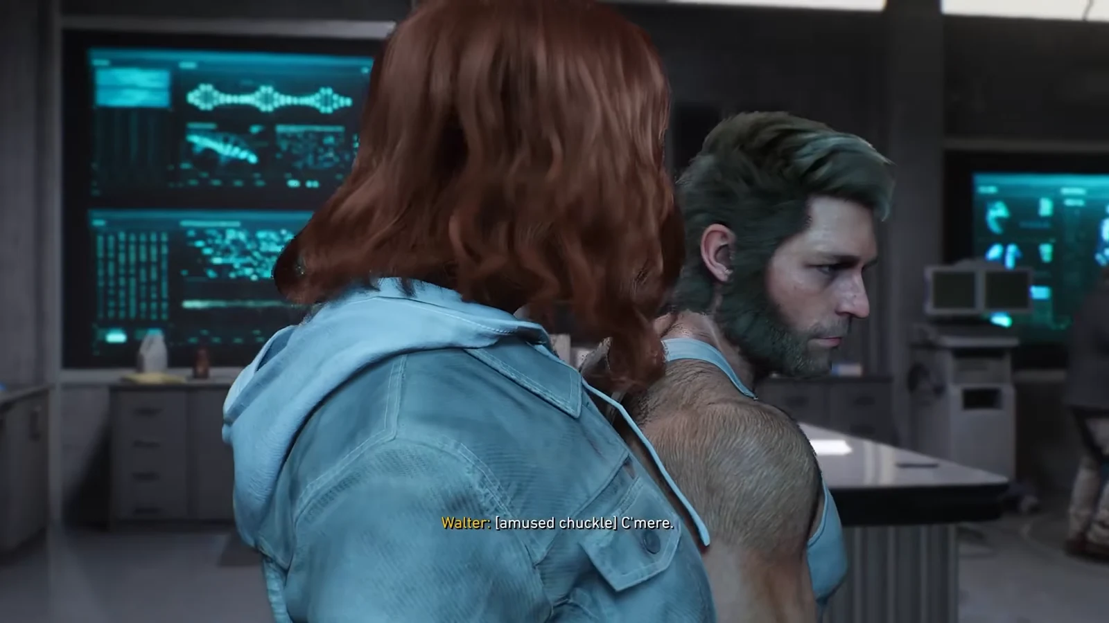 Cutscene in the laboratory showing Walter embracing a red-haired woman with the subtitle C'mere