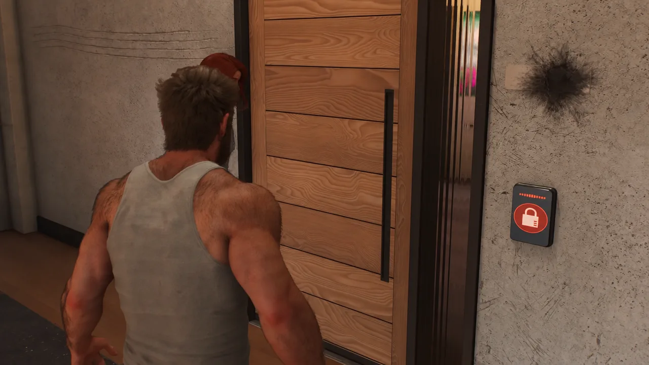 Logan facing Leech's locked room with the red wall-mounted lock button highlighted for interaction