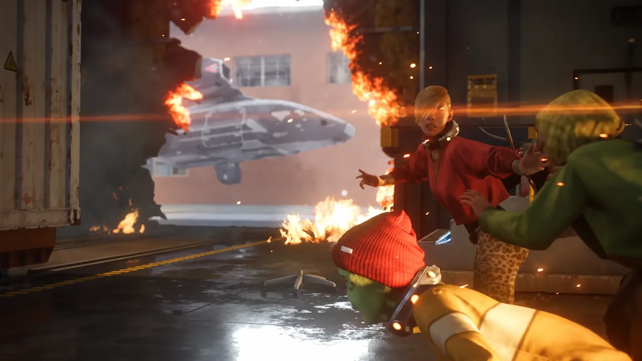 Mystique's aircraft landing to collect Logan, Jean Grey and the freed mutants outside the Trask facility