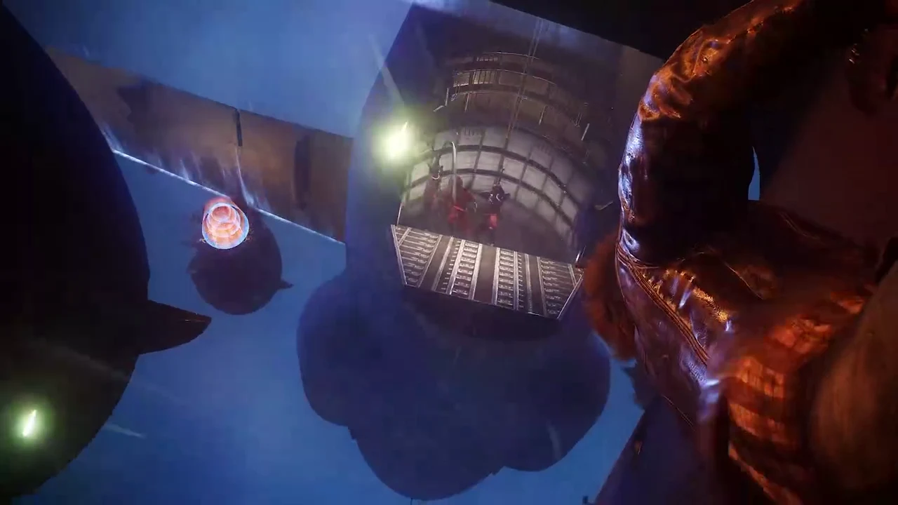 First-person view down the plane's open cargo ramp toward a glowing orange objective marker