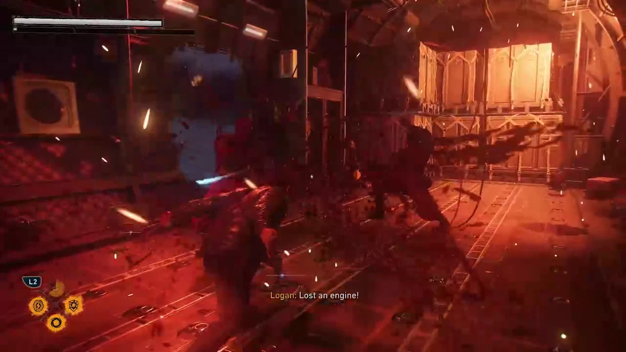 Logan using a combat ability against an enemy in a red-lit chamber with the L2 prompt on screen