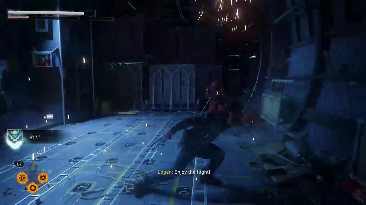 Logan striking a red-armored Hand enemy on a metal platform during the plane fight