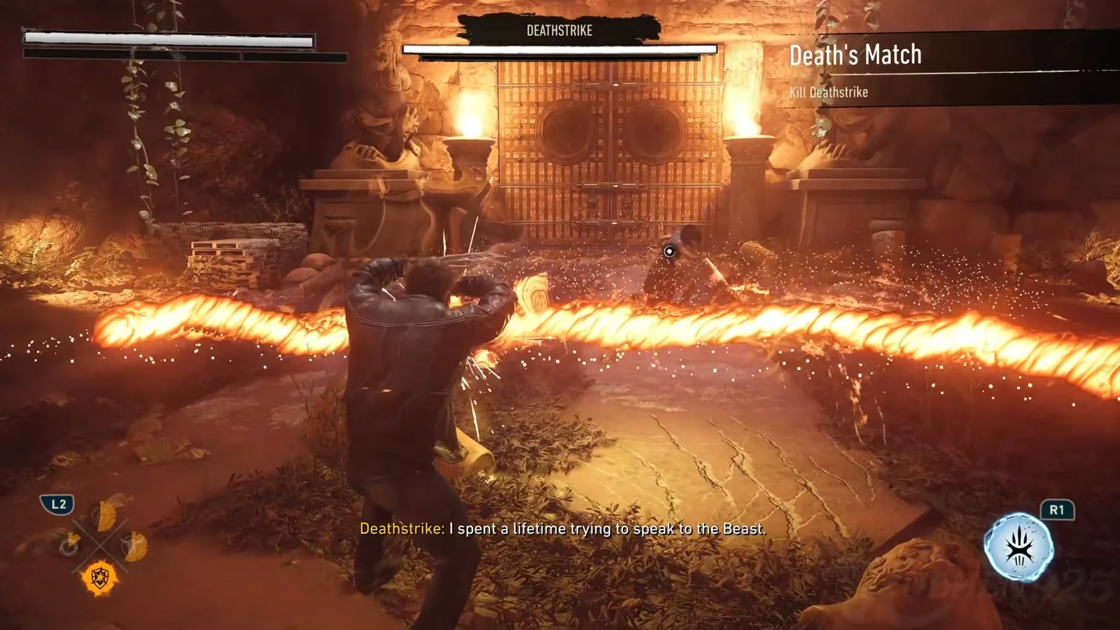 Death's Match objective panel reading Kill Deathstrike while Logan attacks inside a ring of fire