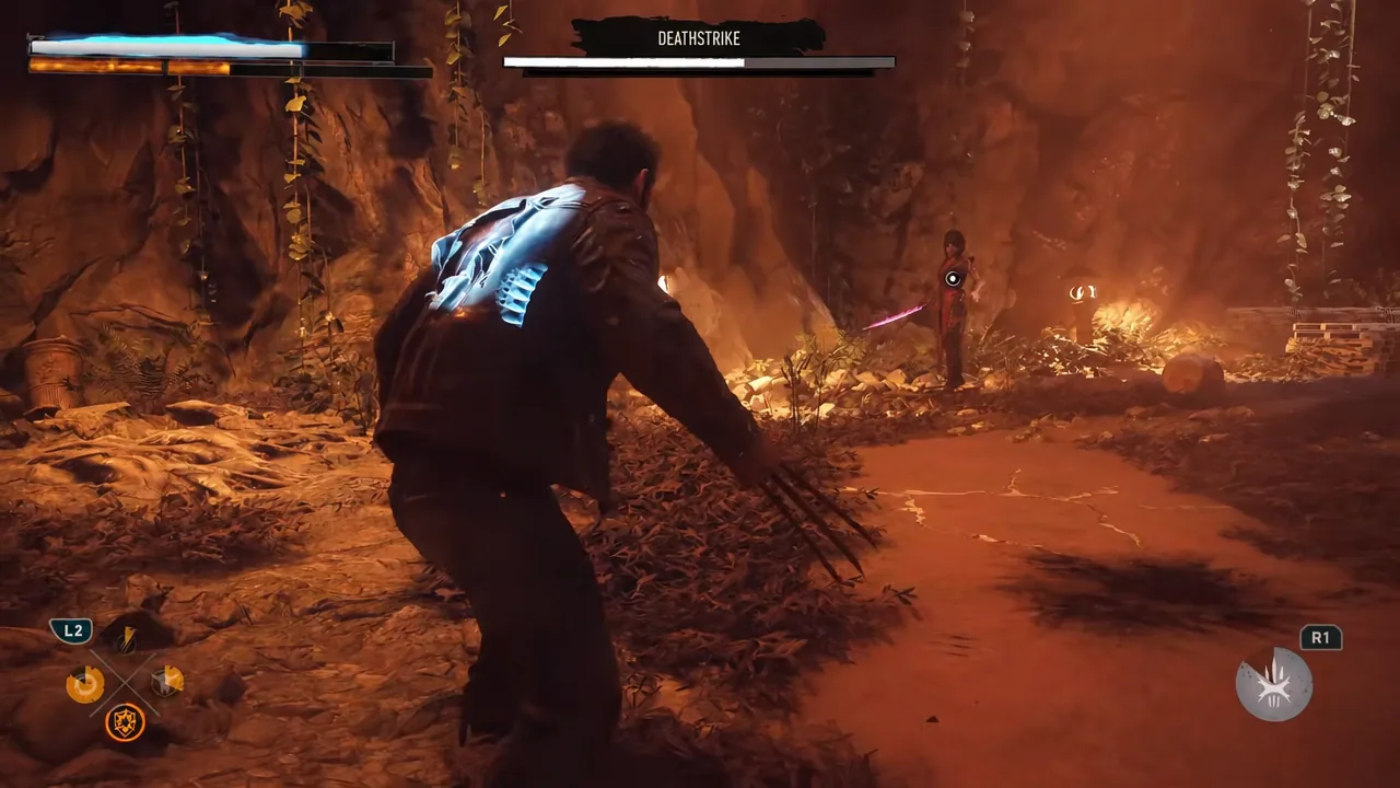 Logan locked onto the targeted Deathstrike enemy during a close-range melee exchange