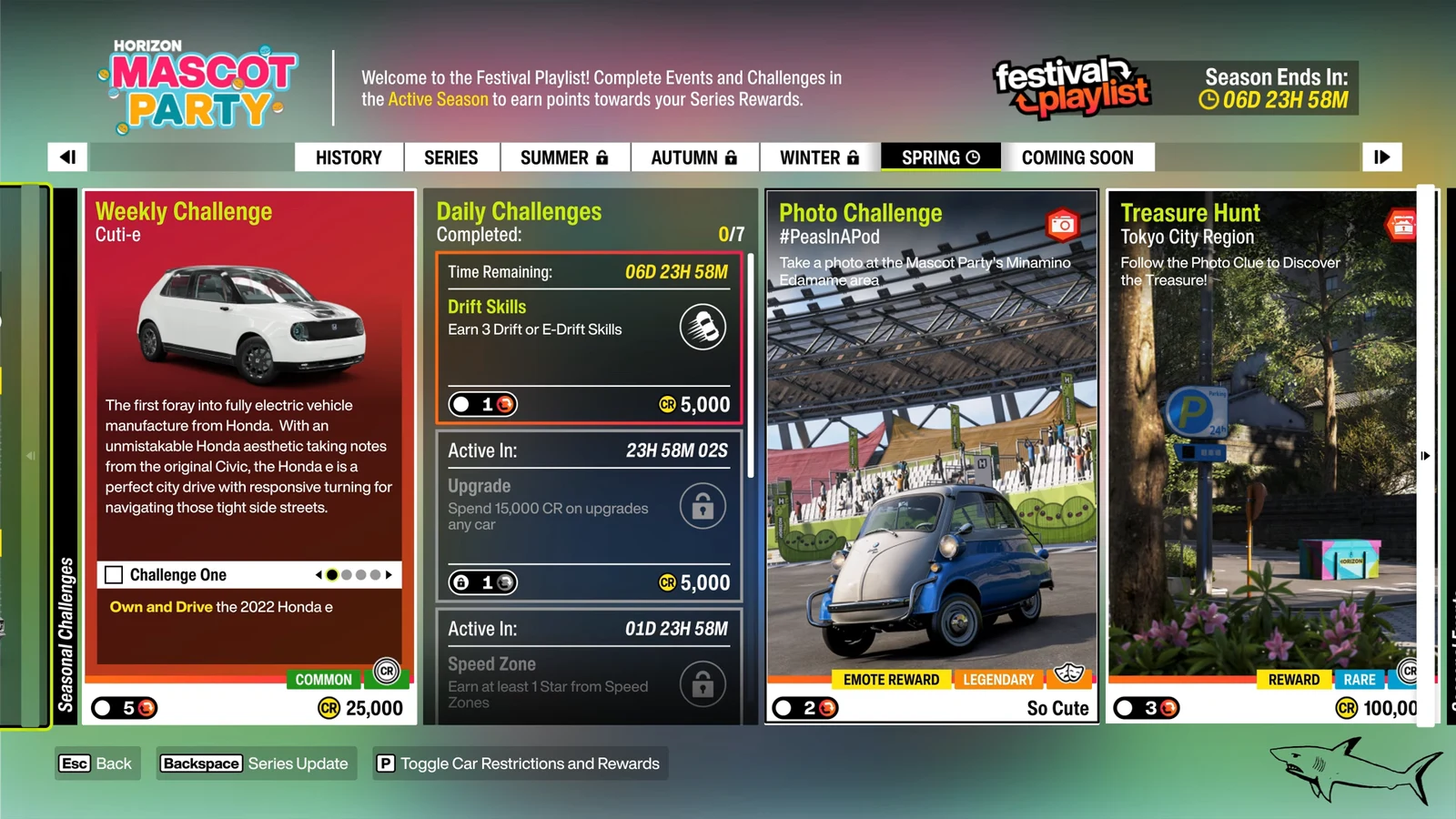 Festival Playlist Spring tab listing Seasonal Challenges, Daily Challenges, Photo Challenge and Treasure Hunt