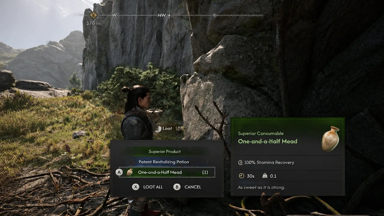 One-and-a-Half Mead highlighted in the loot menu with its stamina regeneration effect listed