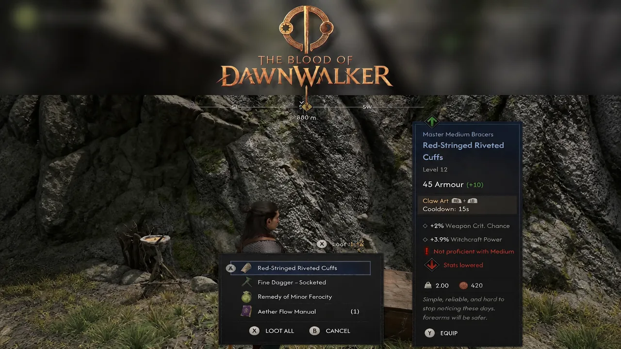 Loot menu with Red-Stringed Riveted Cuffs highlighted, showing armour value and crit stats