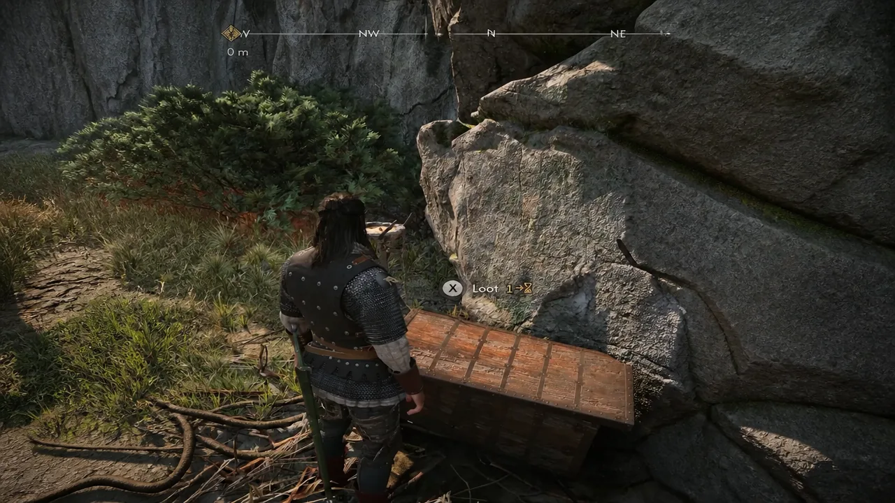 Chest interaction in the field with the X button prompt reading Loot 1 on screen