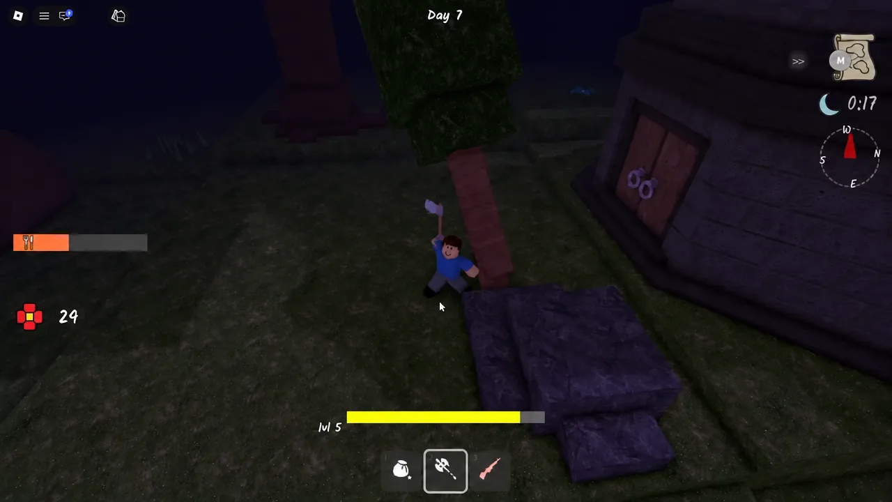 Night-time approach to a lighthouse tower in the forest with a chest waiting inside