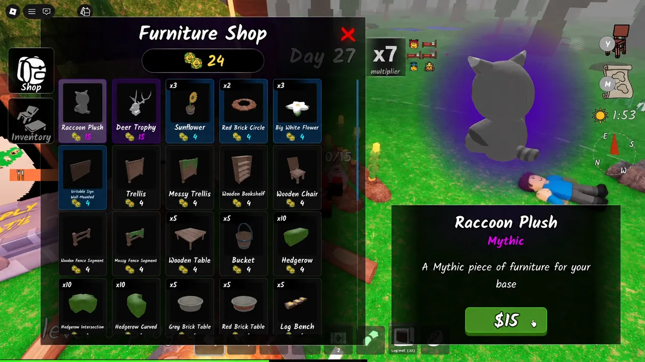 Furniture Shop menu with the Raccoon Plush selected and its 15 dollar purchase button ready