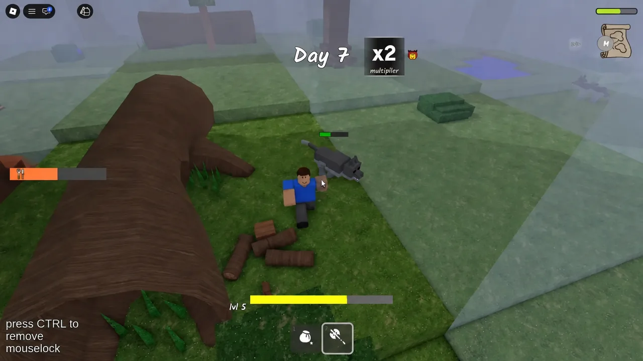 Player selecting the second hotbar slot next to a freshly felled tree during a daytime chopping run