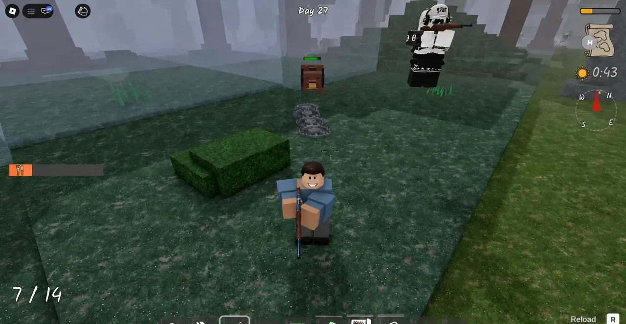 Player aiming a rifle toward a small chest with another armed figure nearby during a rescue trip