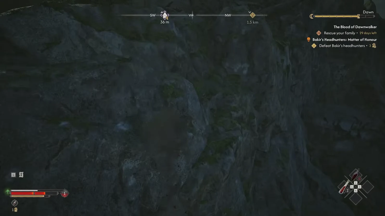 Objective marker showing 36 meters remaining as the player approaches the cliffs