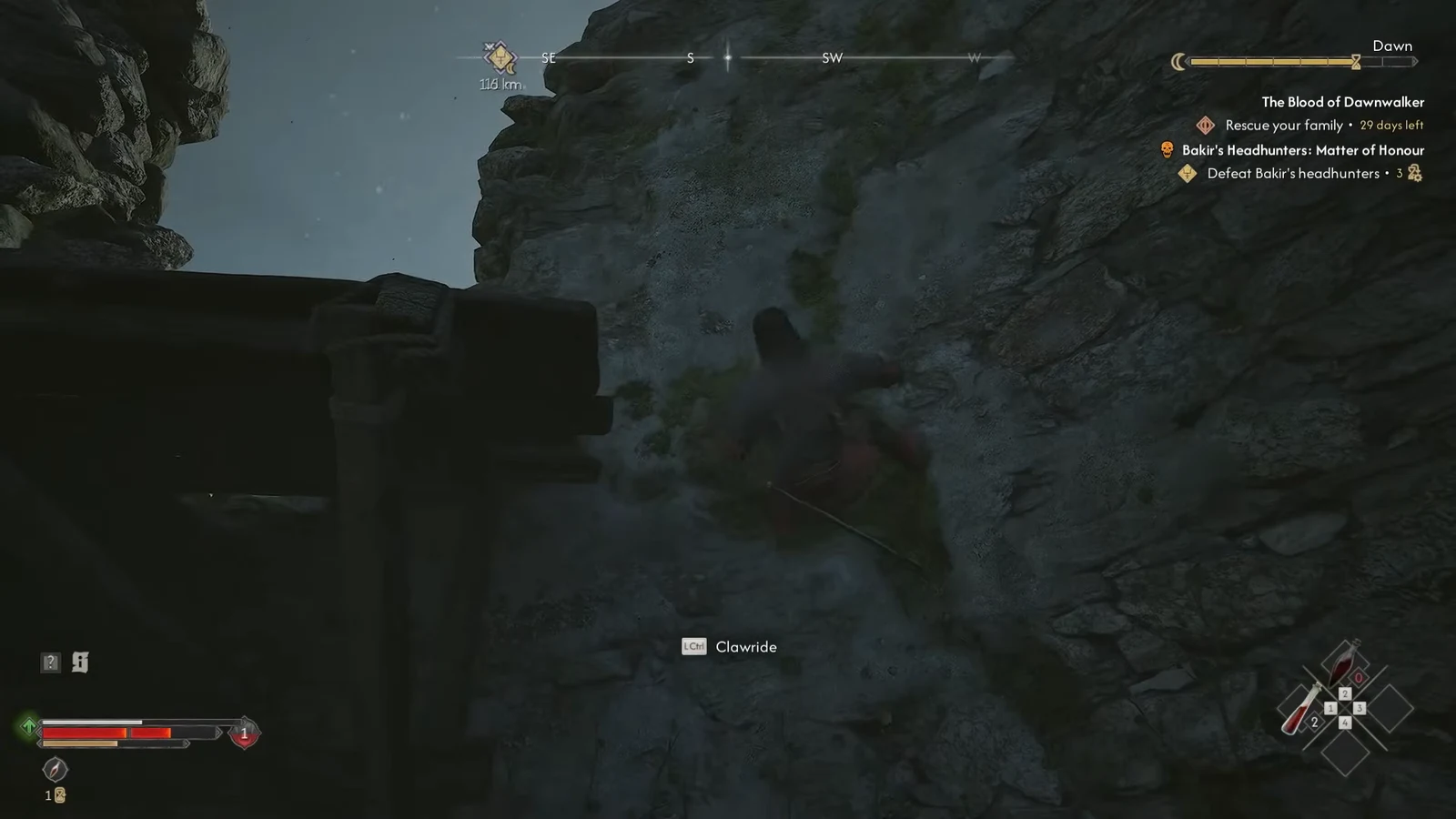On-screen Clawride prompt shown while scaling a rocky cliff face