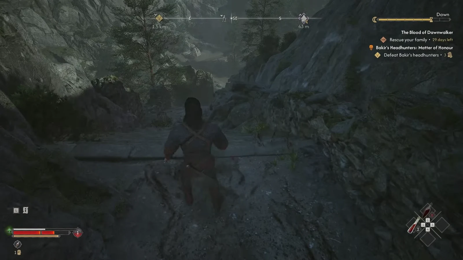 Coen running along a dark mountain path with the objective tracker on screen