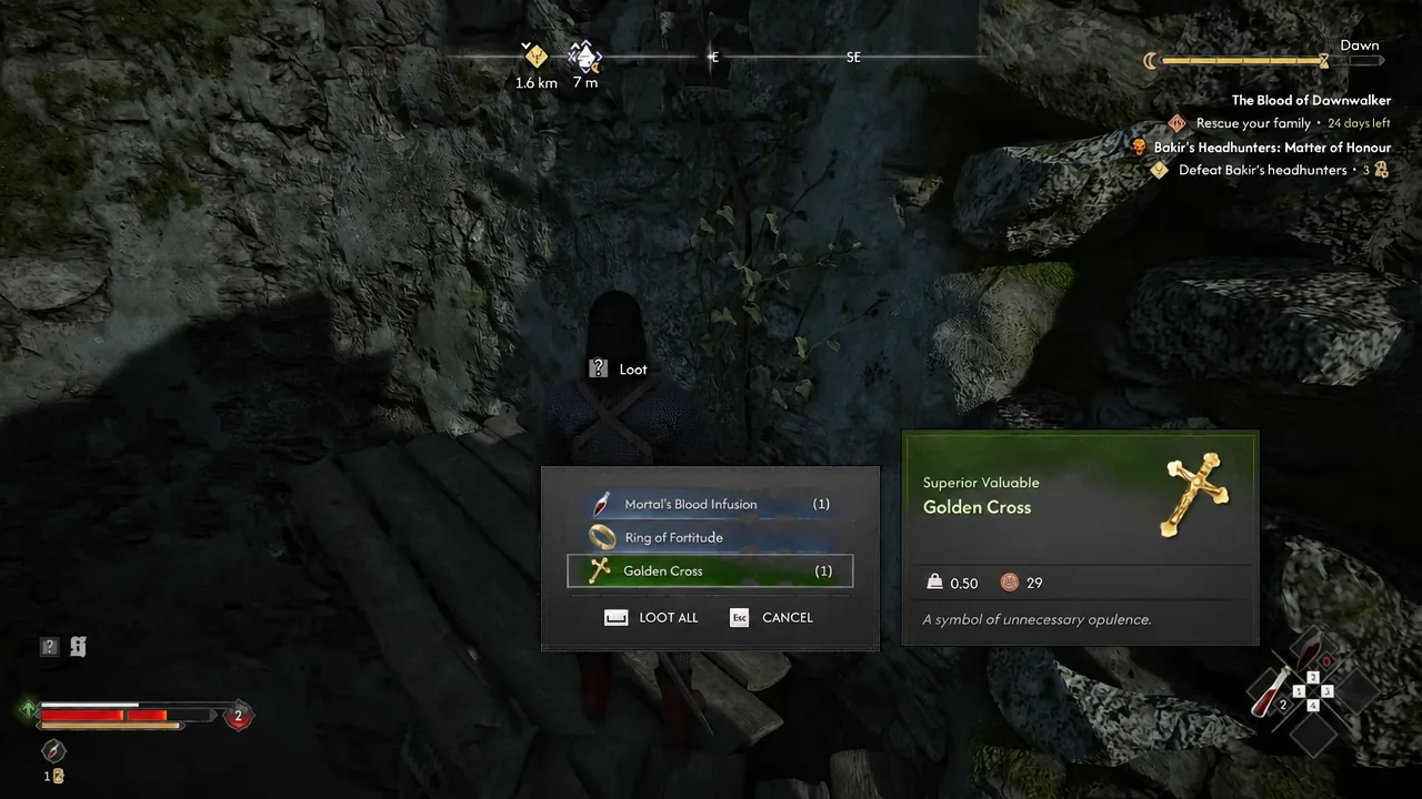Loot menu open at the tower chest with Golden Cross selected