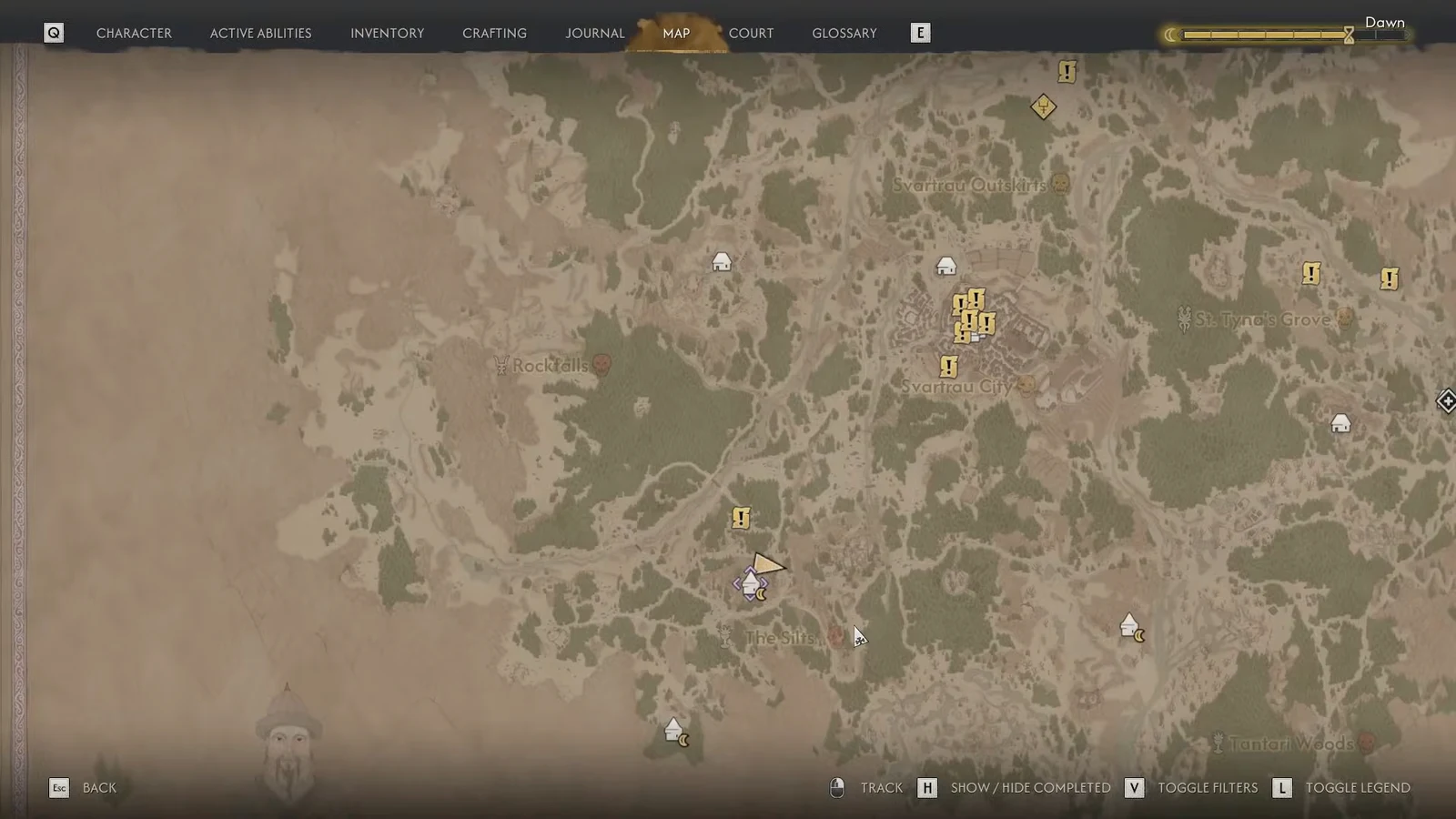 World map open with quest markers and the player position, showing where Rockfalls Tower sits