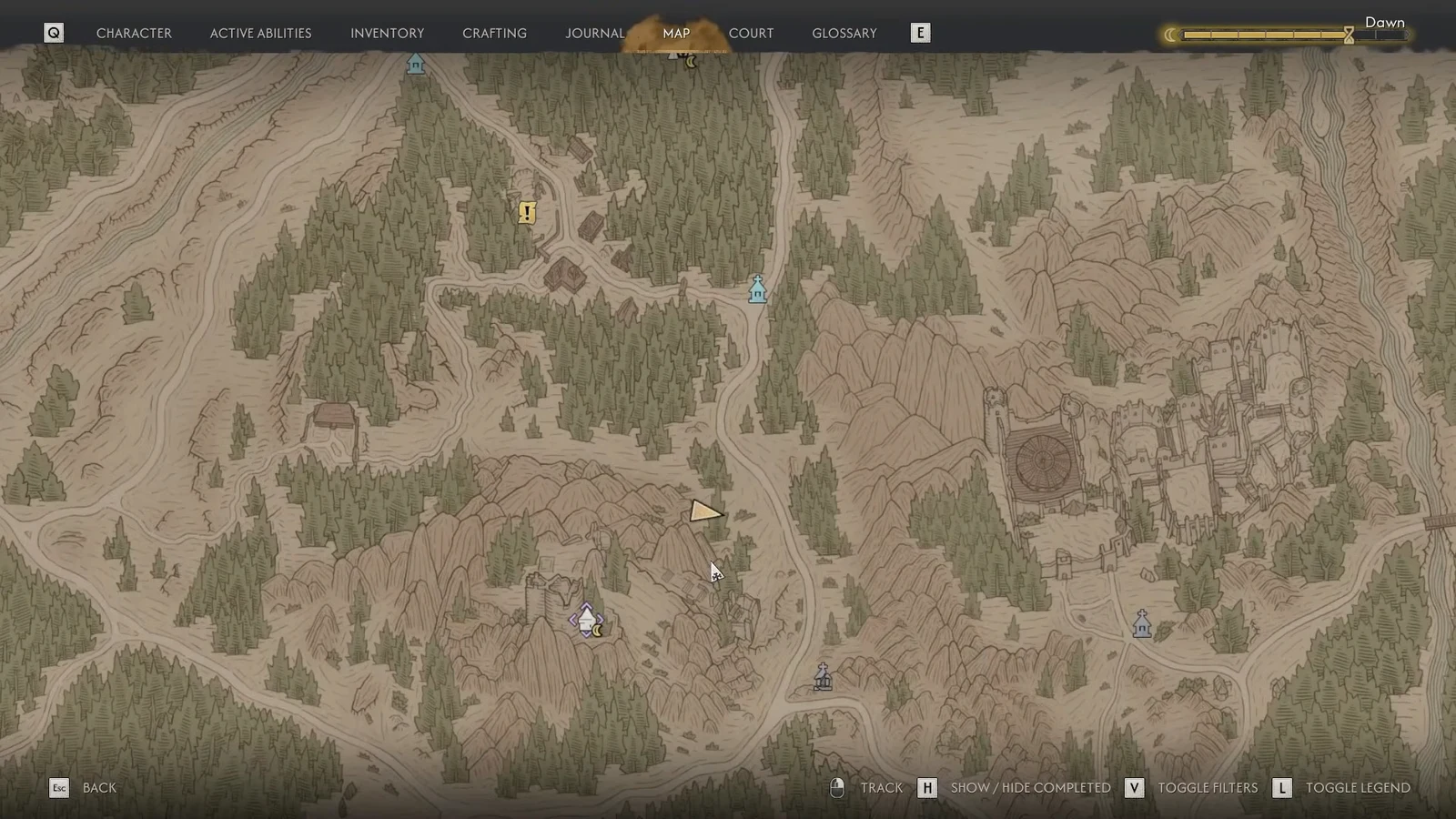 Map cursor hovering over the mountainous area while placing a travel marker