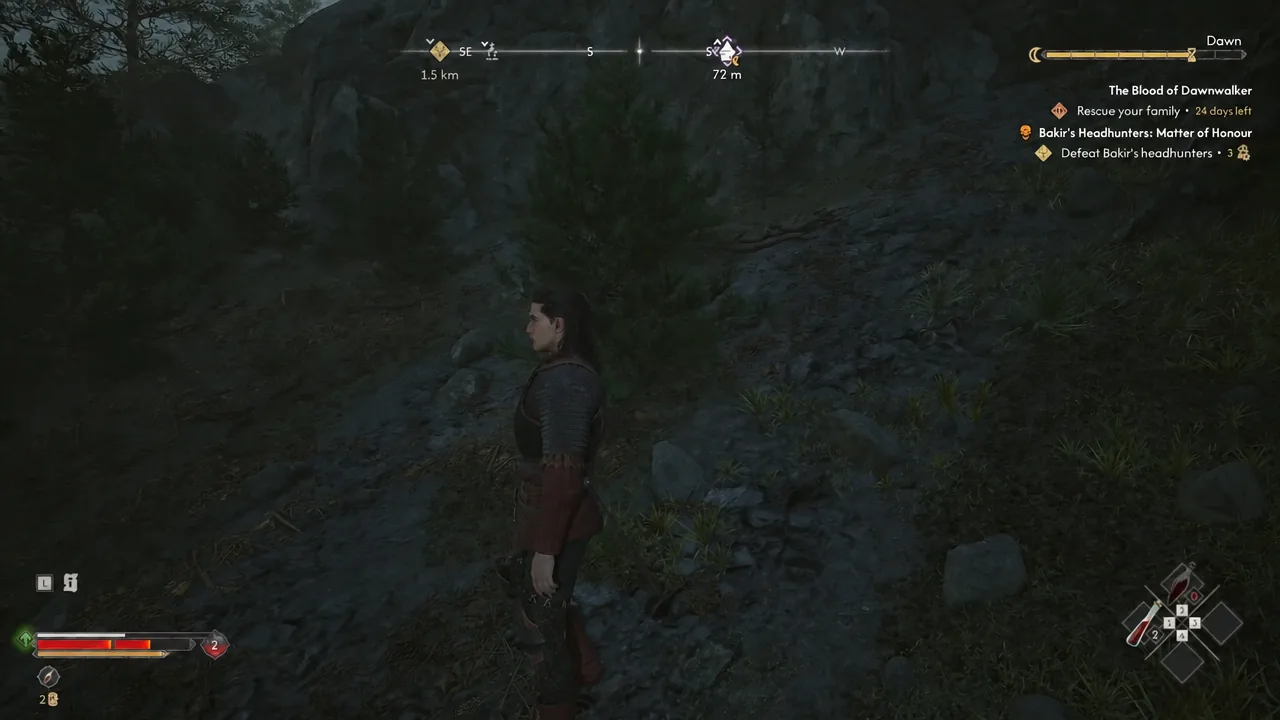 Compass objective showing 72 m as the player approaches the base of the cliffs