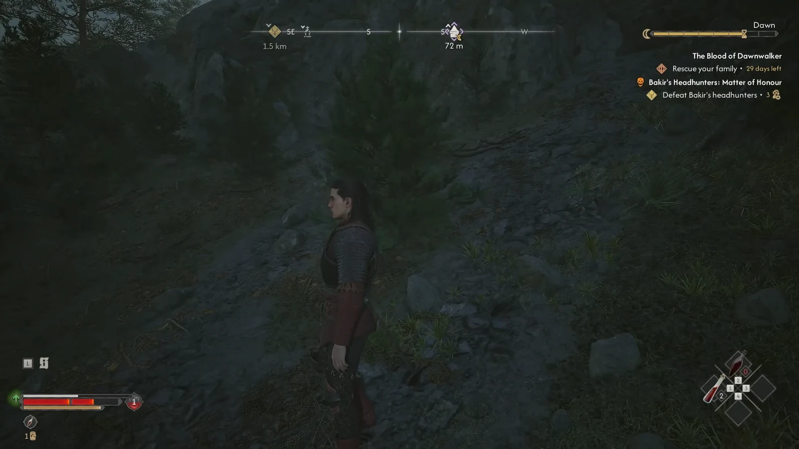 Compass distance marker counting down as the player moves toward the Rockfalls Tower objective
