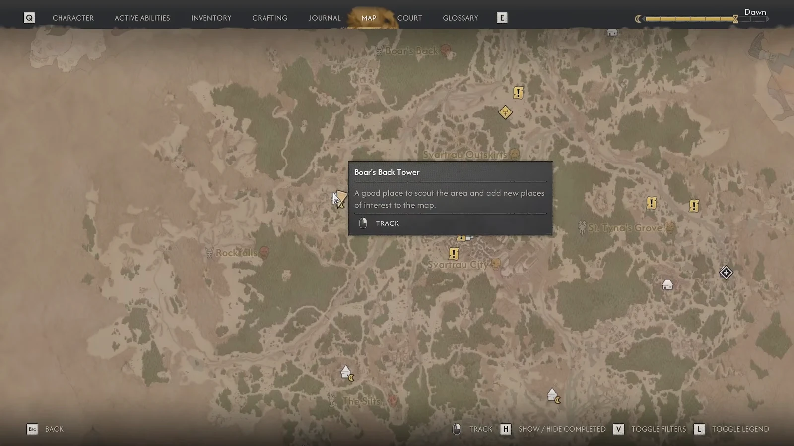 World map with Boar's Back Tower selected and its description panel open