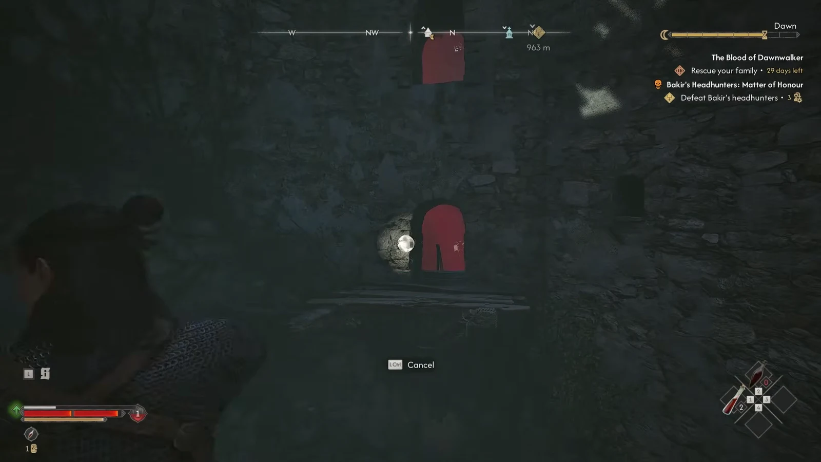 Aiming a spell at a highlighted blocked doorway inside the dark tower interior