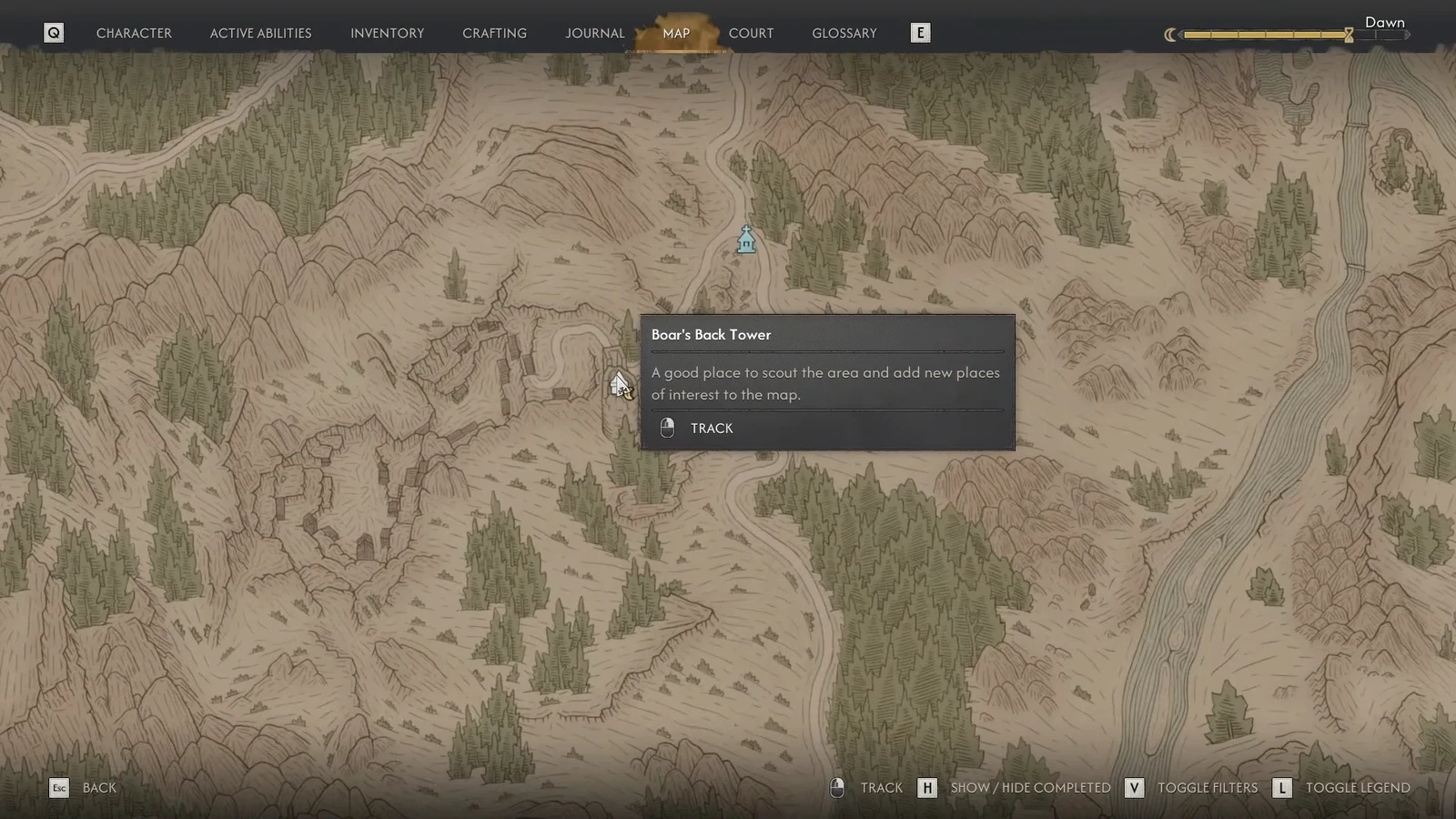 Map marker for Boar's Back Tower showing the Track option before travelling