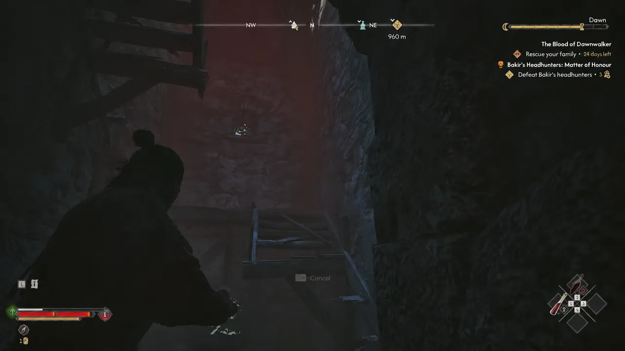 Coen climbing a wooden ladder up a dark passage inside the ruined tower