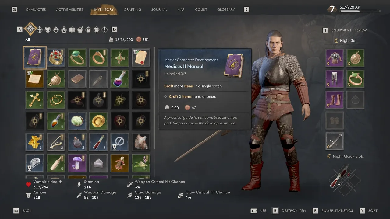 Inventory screen with the Medicus II Manual selected and its crafting effect described