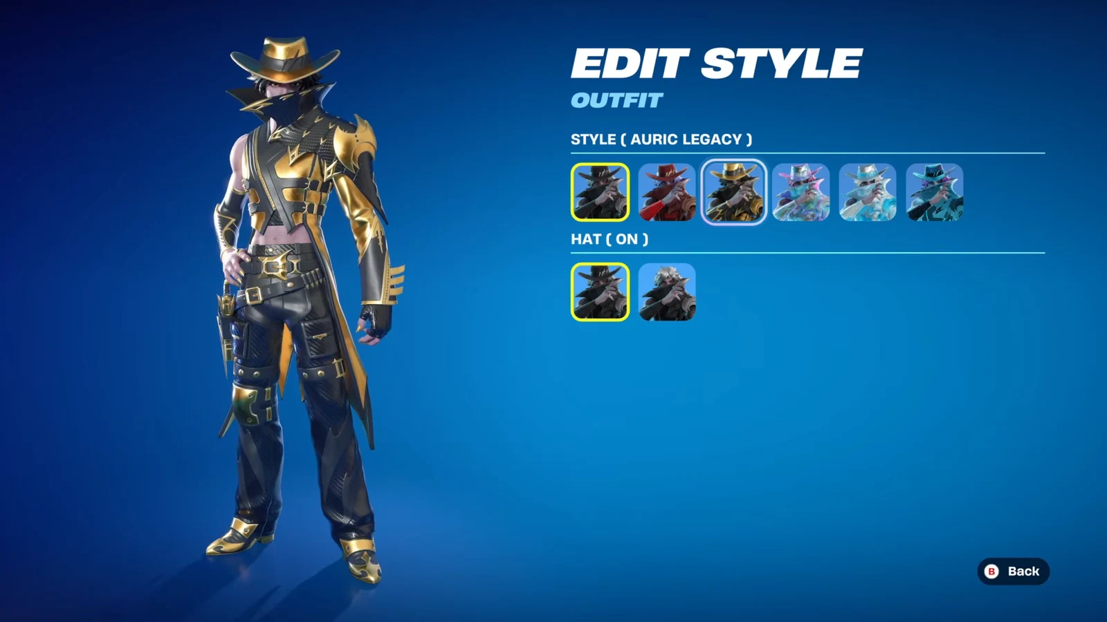 Fortnite Edit Style menu showing the Auric Legacy option selected with Hat set to On