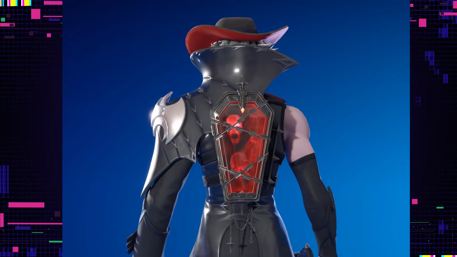 Rear view of Osric the Uninvited wearing the Revenant's Coffin back bling