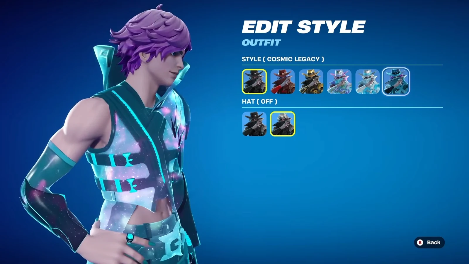 Fortnite Edit Style menu with Hat Off highlighted while the Cosmic Legacy style is equipped