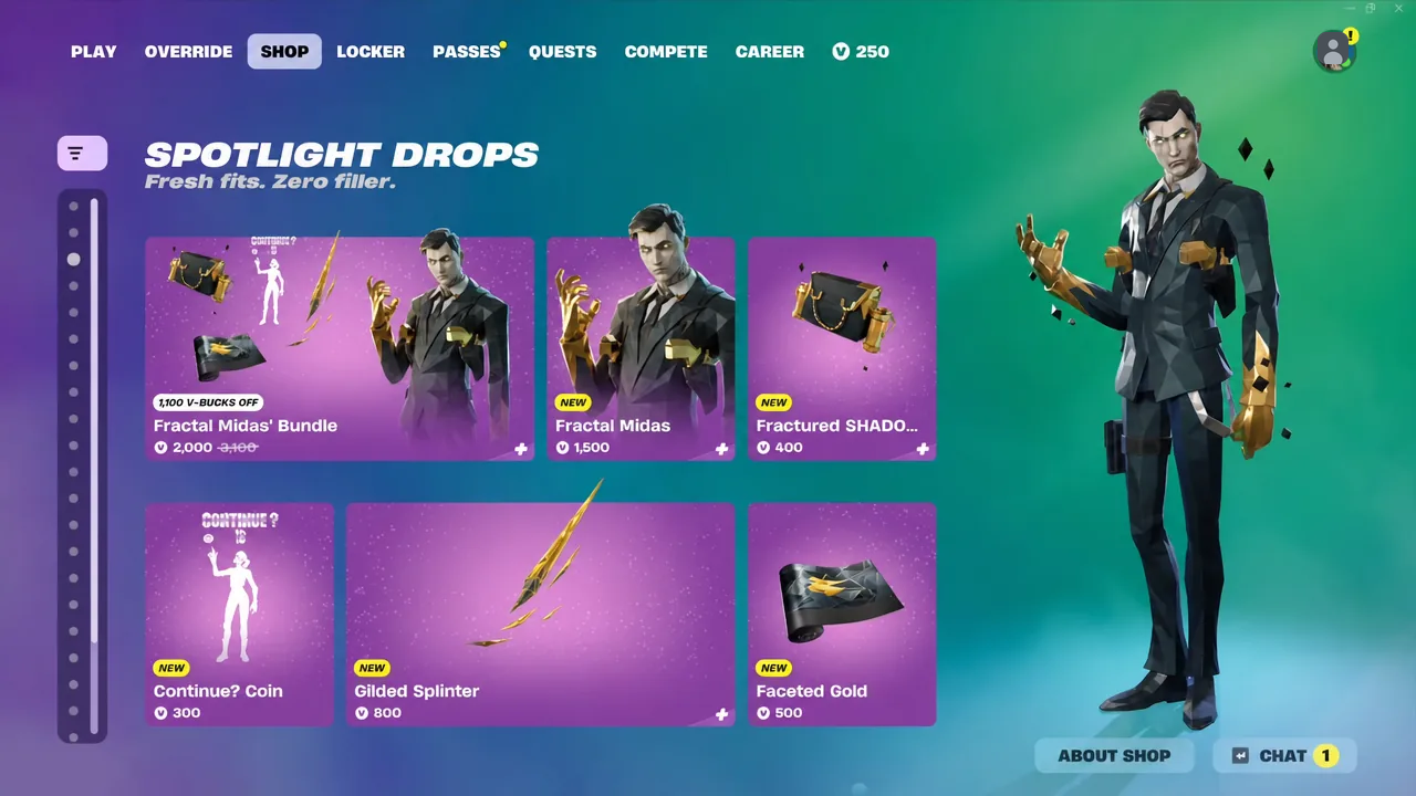 Fortnite shop screen open on the Shop tab with the Spotlight Drops row of featured bundles
