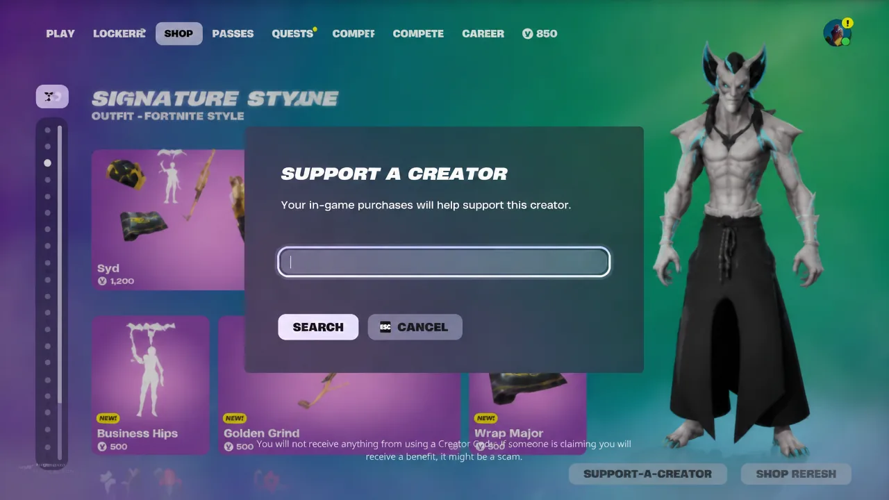 Support a Creator dialog in the Fortnite shop with the empty creator code field highlighted