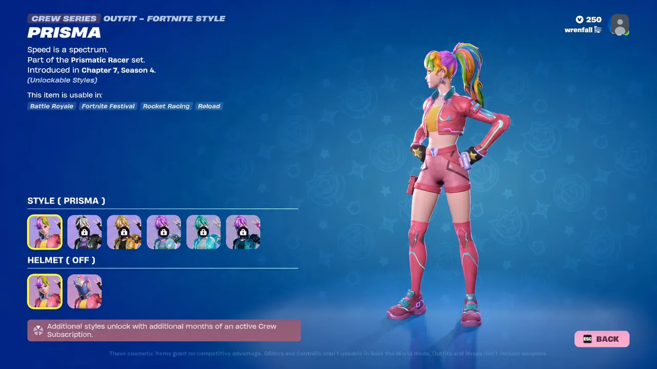 Prisma outfit style screen with the base Prisma variant selected and the helmet turned off