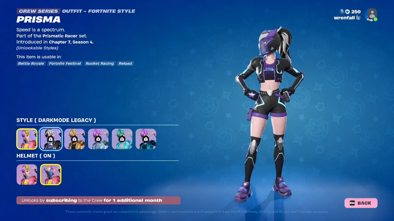 Prisma customization screen with the Helmet on option highlighted, showing the visored racing helmet