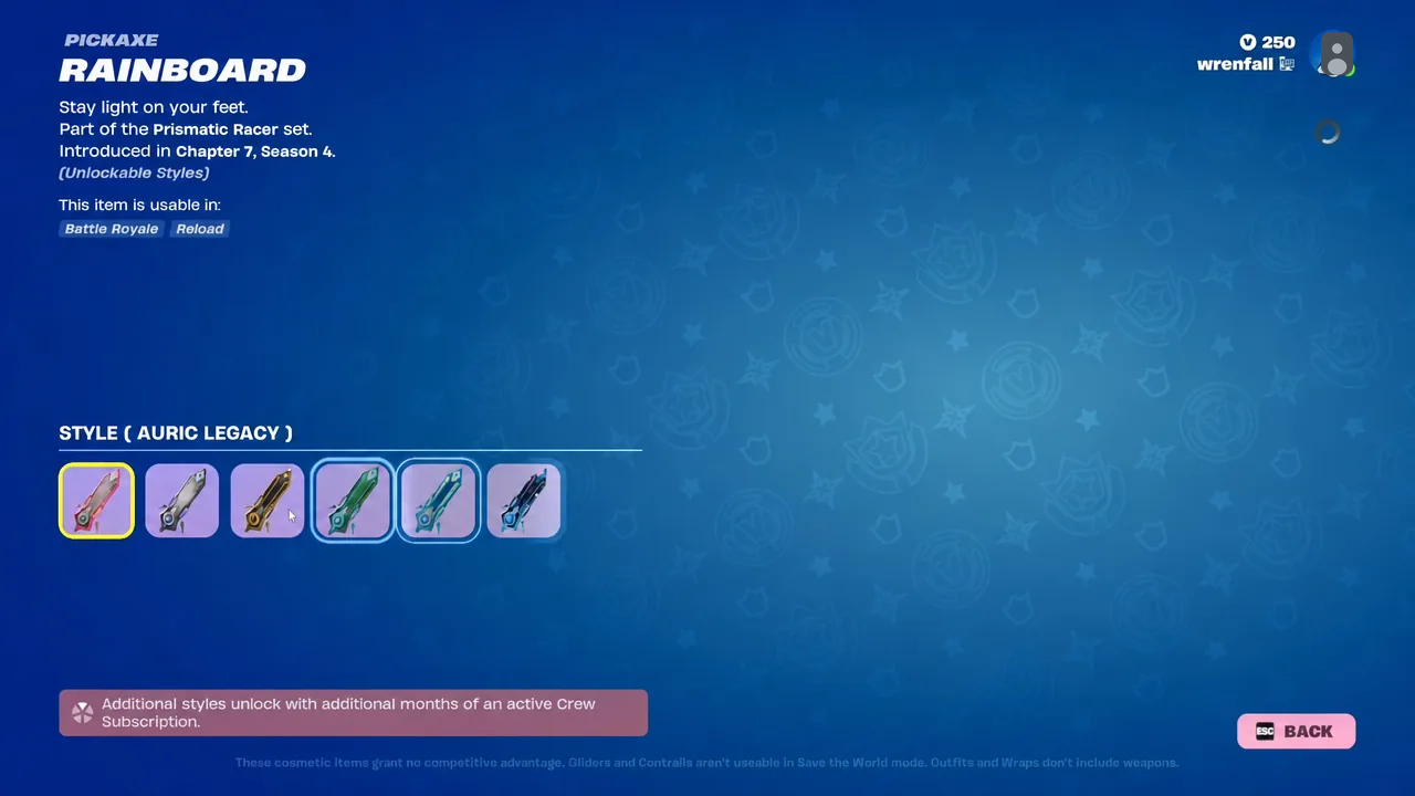 Rainboard pickaxe style list open on the Auric Legacy row with the first style selected