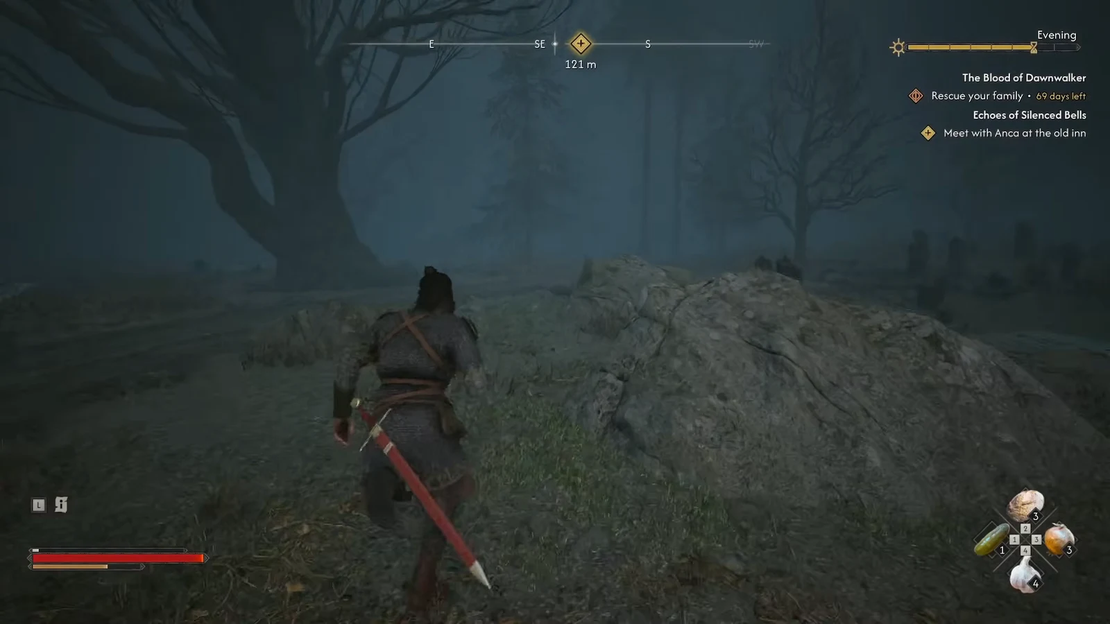 Foggy woodland with the Echoes of Silenced Bells tracker and 121 meters to the marker