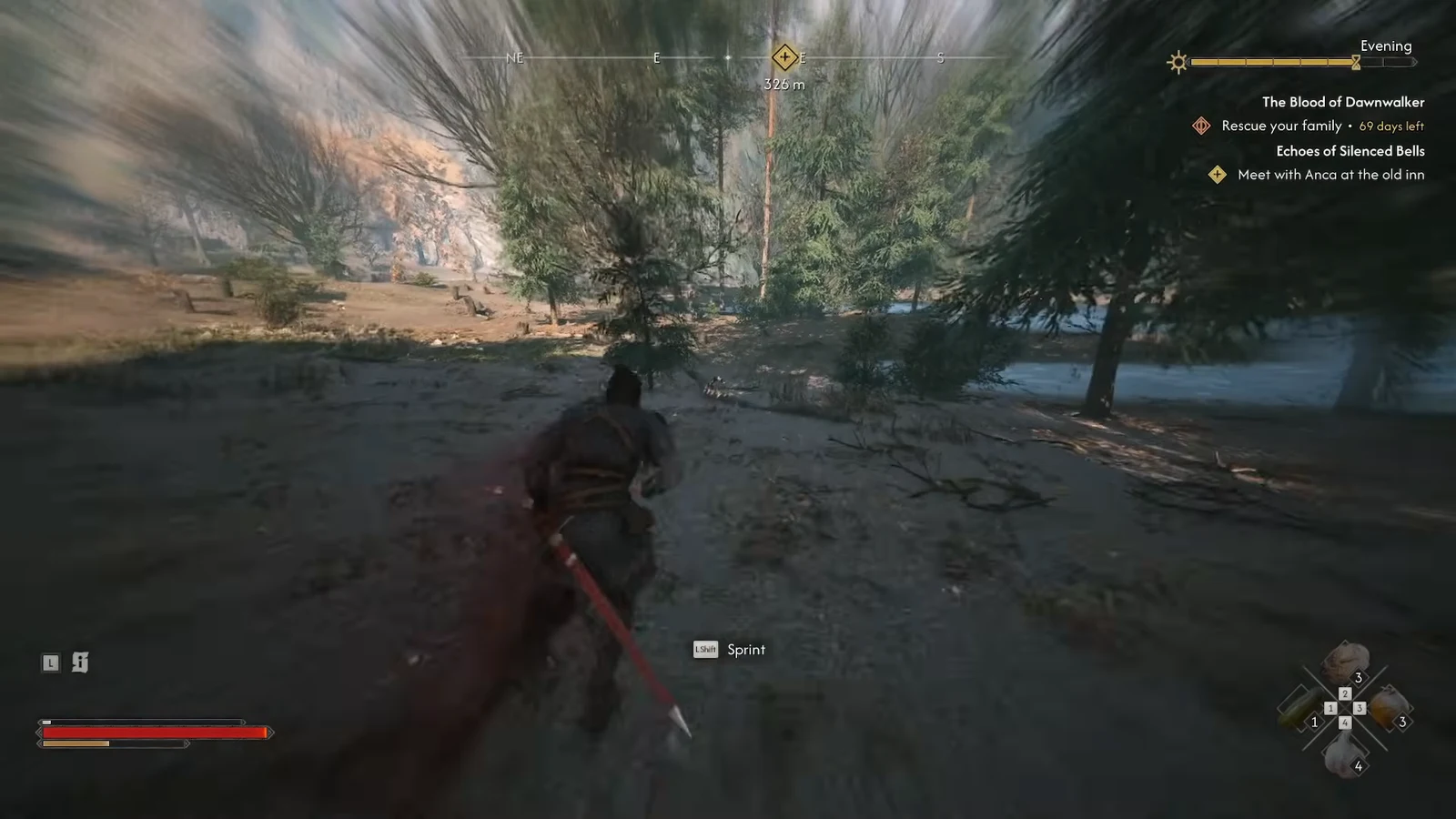 Sprinting through the forest with the sprint prompt visible and 326 meters to the objective