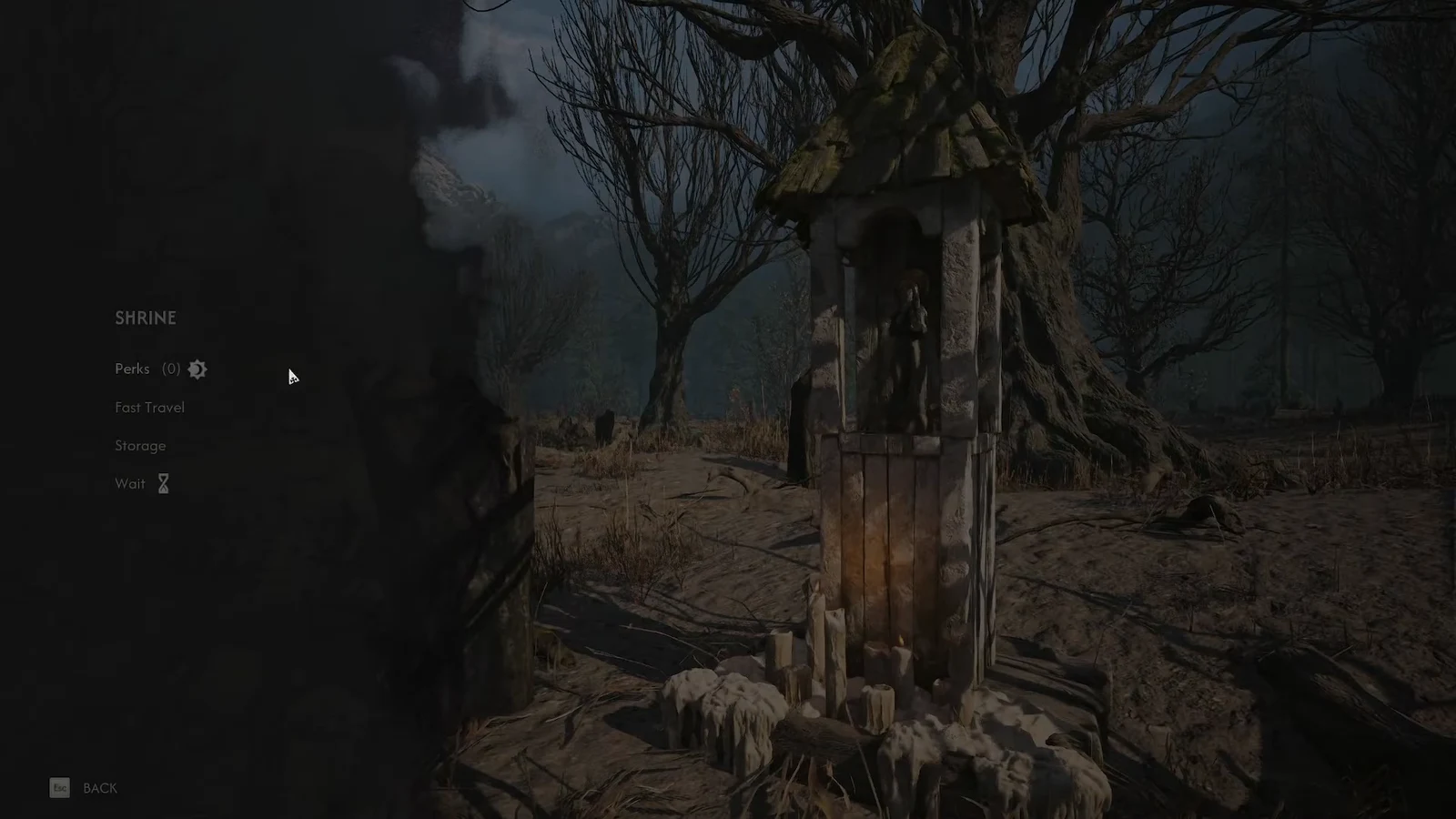 Shrine menu open next to the shrine with Perks, Fast Travel, Storage and Wait options