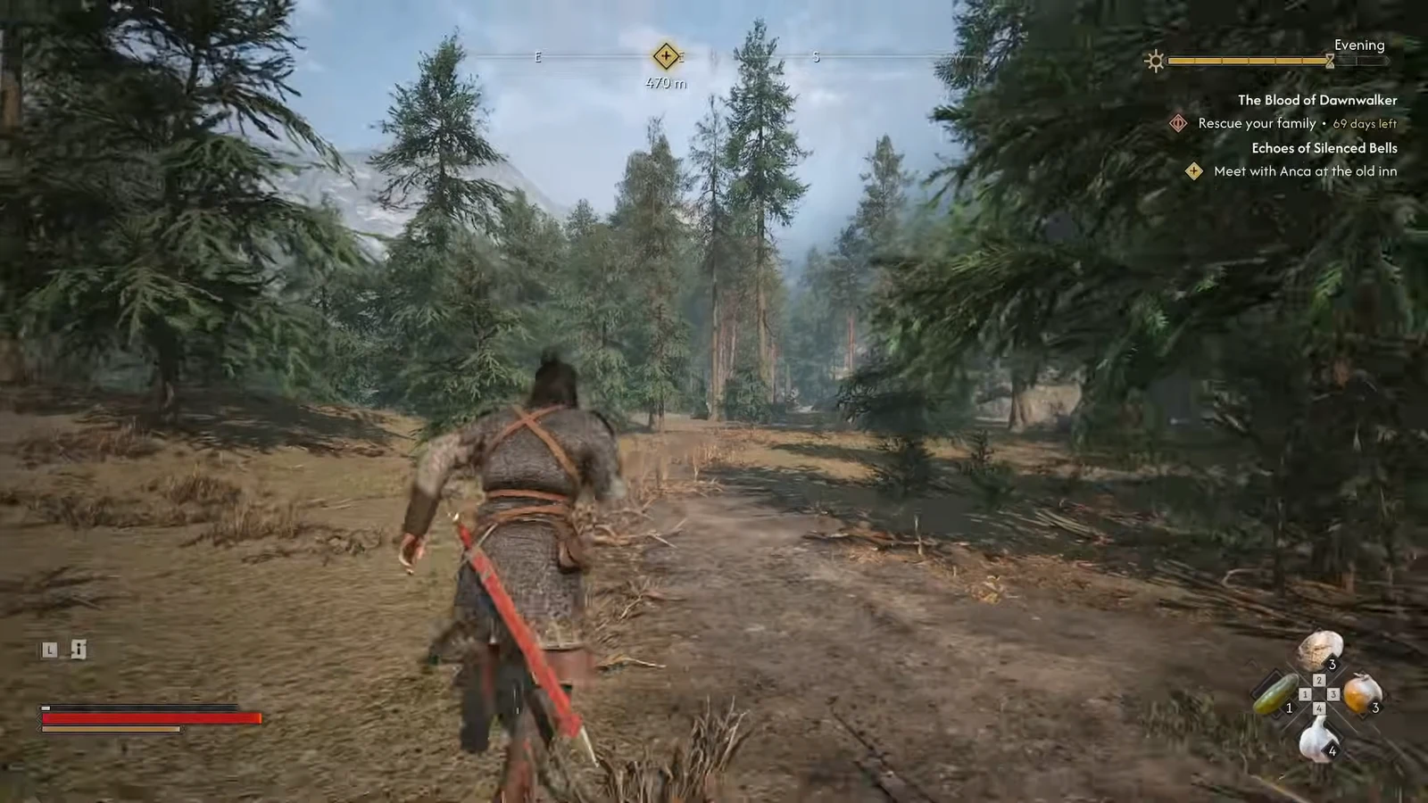 Coen running along a forest trail with the objective marker showing 470 meters remaining