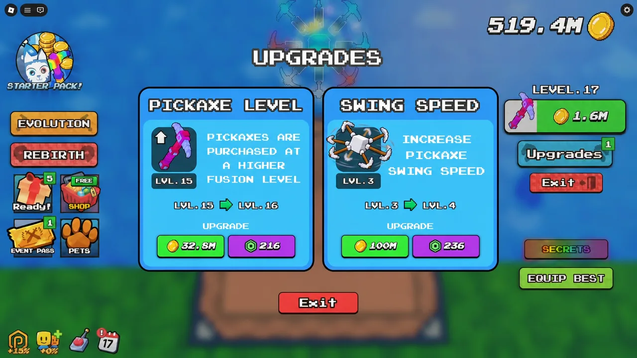 Upgrades panel listing Pickaxe Level and Swing Speed with upgrade buttons