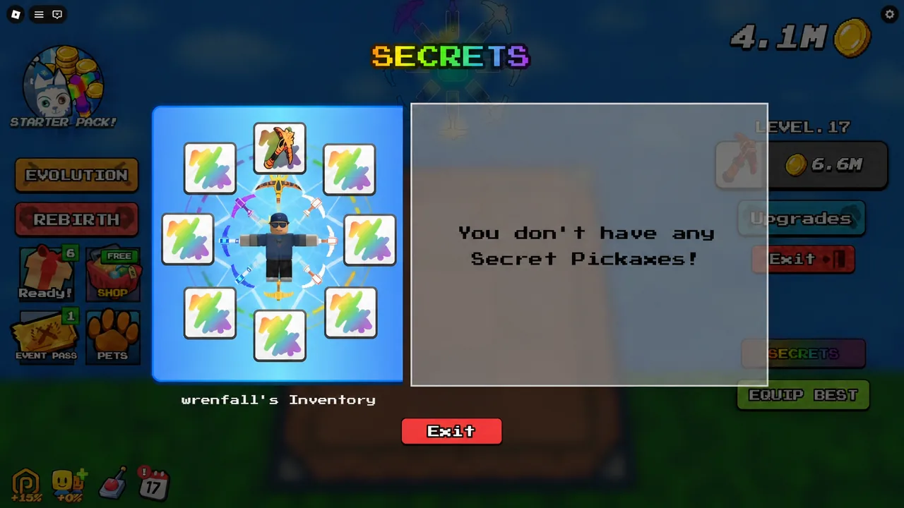Secrets tab of the inventory reporting that no secret pickaxes are owned