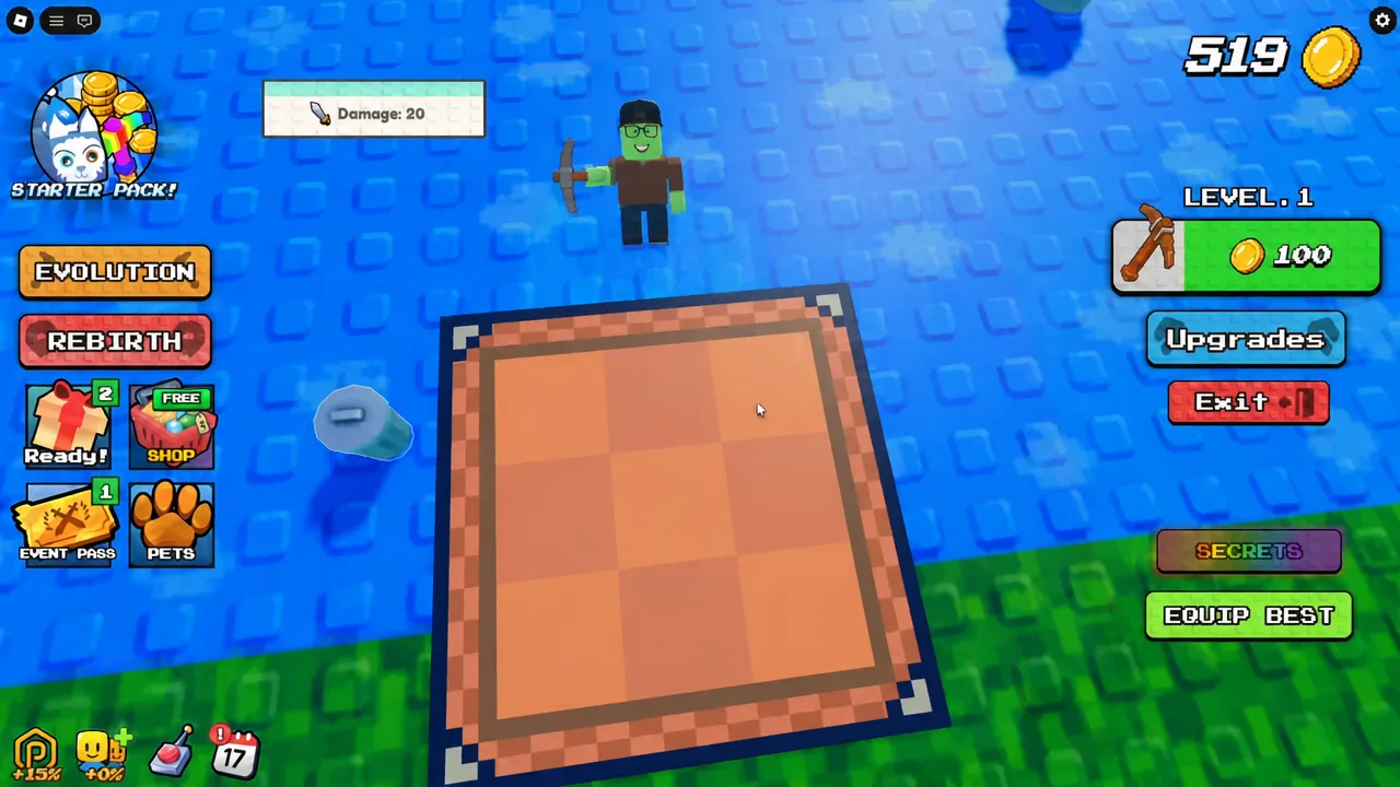 Player swinging a pickaxe at the central block platform with damage shown as 20