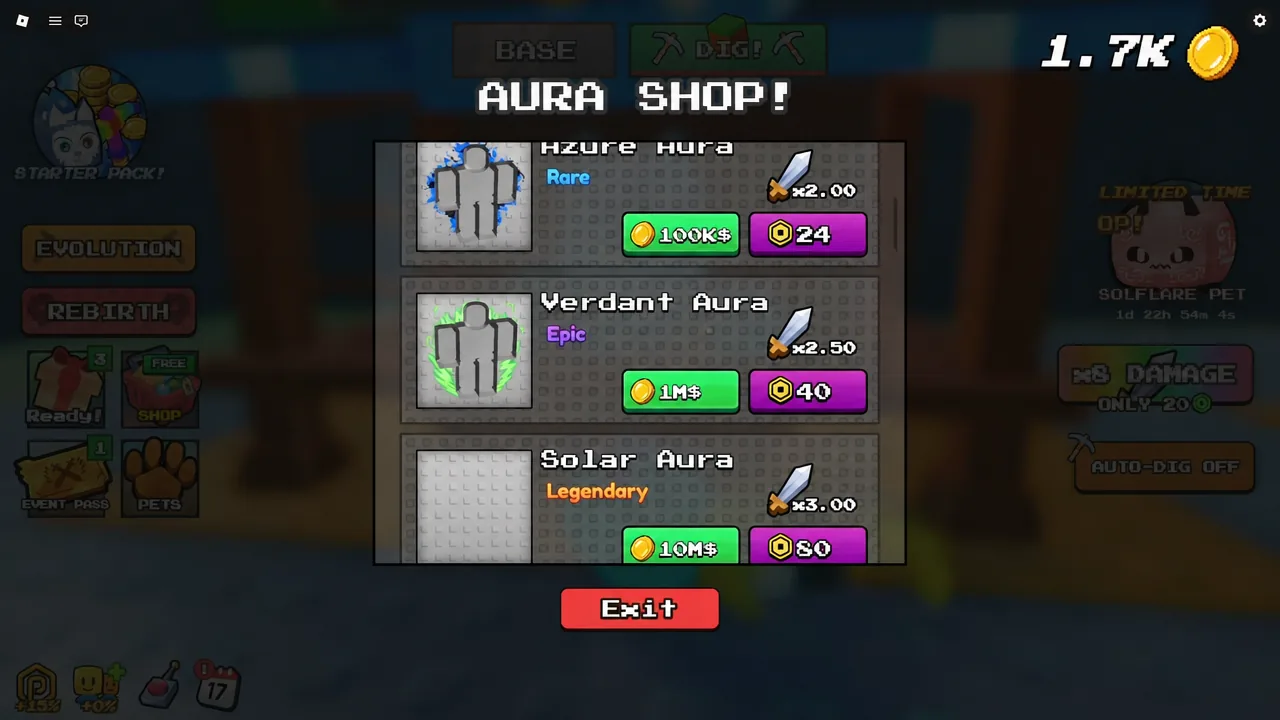 Aura Shop menu showing Azure, Verdant and Solar aura purchase options