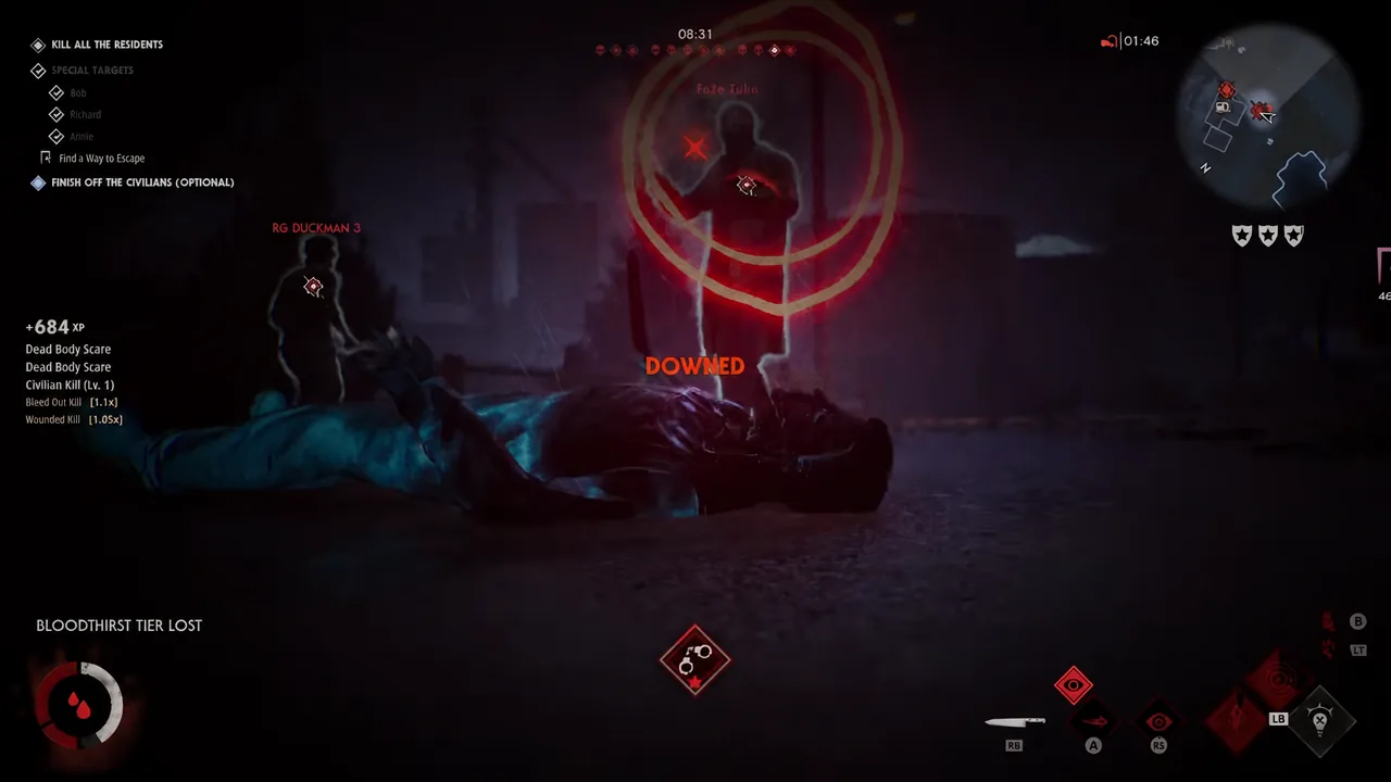 Downed status indicator on screen after Michael is dropped by a marked attacker