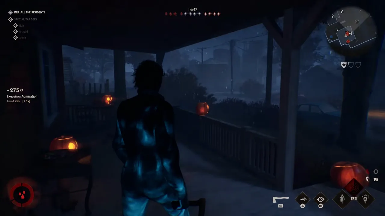 Michael moving across a dark porch with the objective and combat HUD visible
